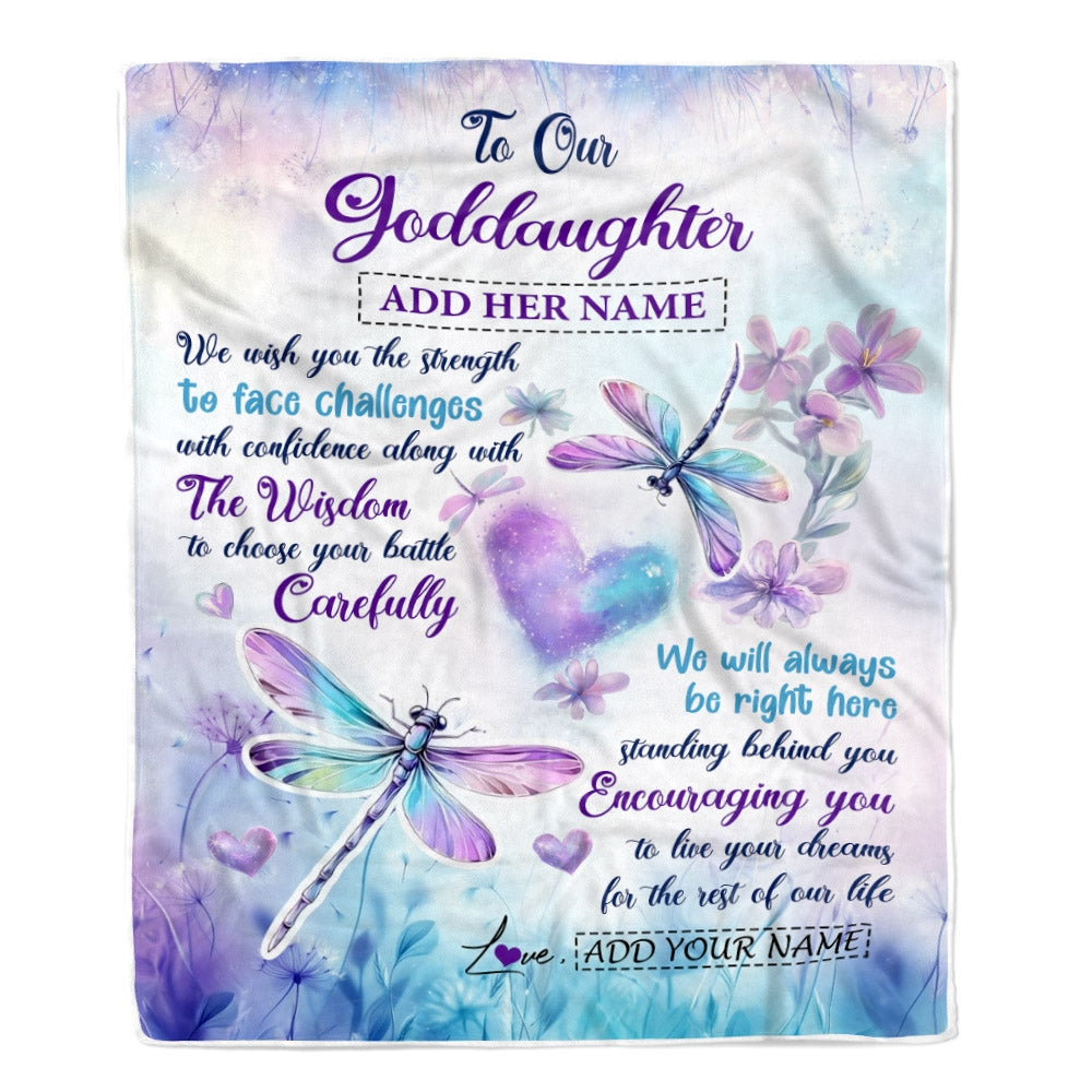 Personalized To Our Goddaughter Gifts Blanket From Godmother Always Be Right Here Dragonfly Birthday Gifts For Goddaughter Christmas Custom Fleece Blanket | teecentury