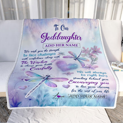 Personalized To Our Goddaughter Gifts Blanket From Godmother Always Be Right Here Dragonfly Birthday Gifts For Goddaughter Christmas Custom Fleece Blanket | teecentury