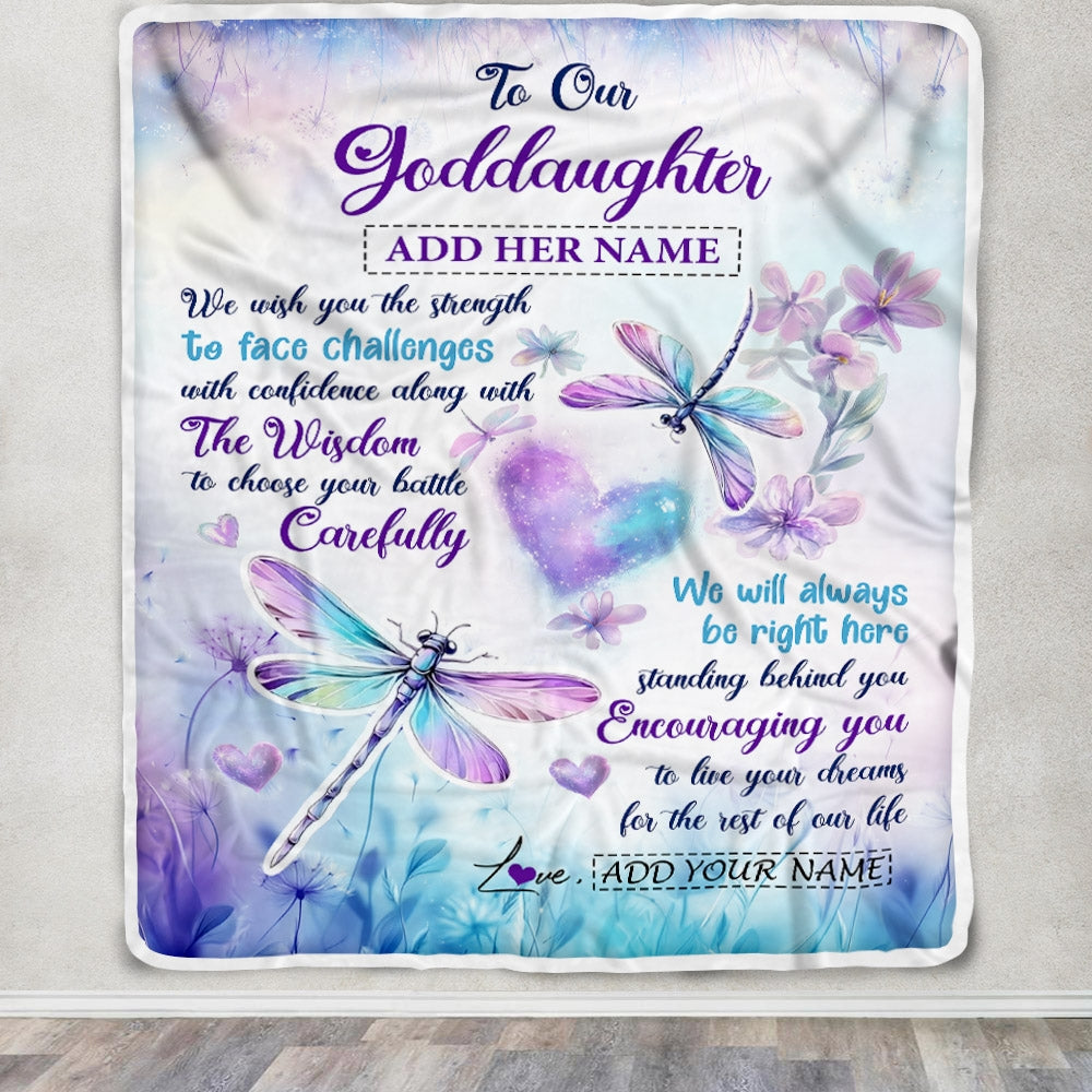 Personalized To Our Goddaughter Gifts Blanket From Godmother Always Be Right Here Dragonfly Birthday Gifts For Goddaughter Christmas Custom Fleece Blanket | teecentury