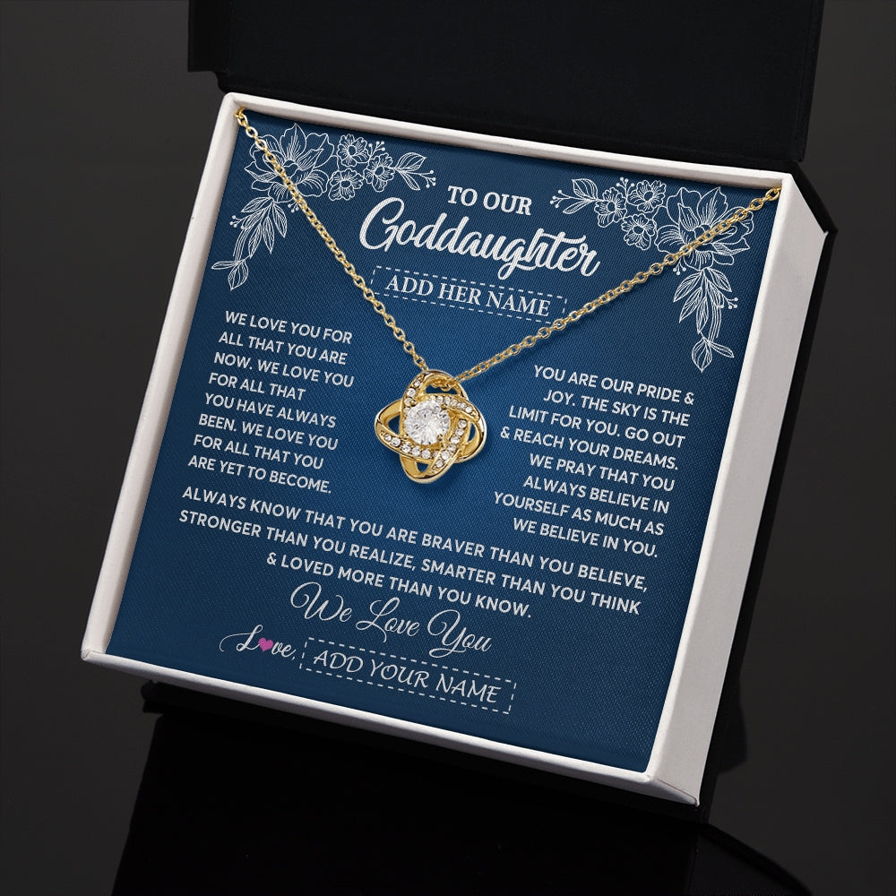 Love Knot Necklace 18K Yellow Gold Finish | 2 | Personalized To Our Goddaughter Gifts From Godmother Necklace We Love You Jewelry Present Gift Goddaughter Birthday Christmas Custom Gift Box Message Card | https://teecentury.