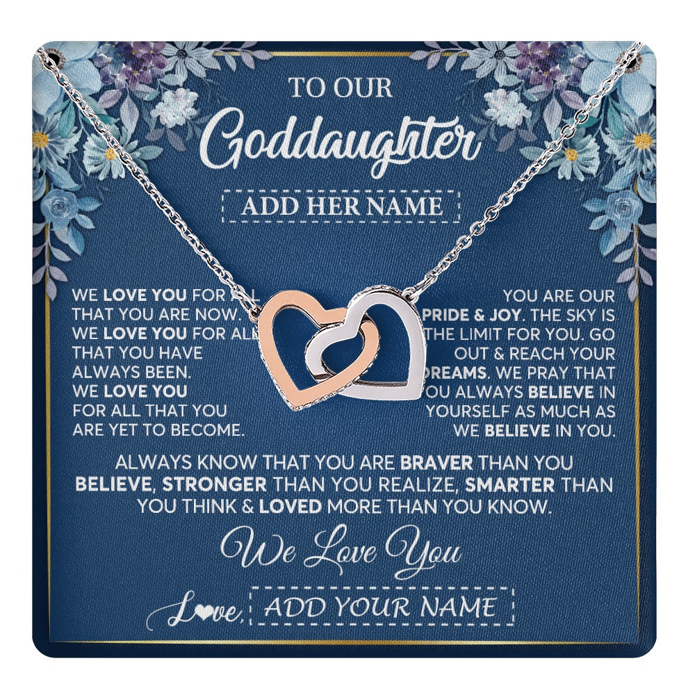 Interlocking Hearts Necklace Stainless Steel & Rose Gold Finish | 1 | Personalized To Our Goddaughter Necklace Gift From Godmother Uncle We Love You Goddaughter Birthday Gift Graduation Christmas Custom Gift Box Message Card | teecentury.myshopify