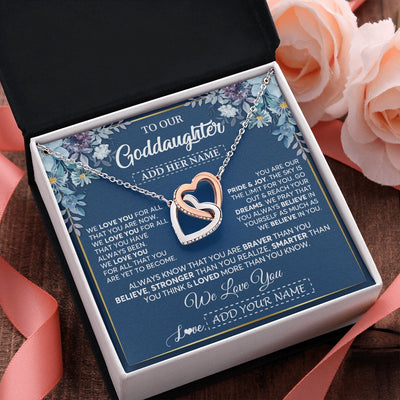 Interlocking Hearts Necklace Stainless Steel & Rose Gold Finish | 2 | Personalized To Our Goddaughter Necklace Gift From Godmother Uncle We Love You Goddaughter Birthday Gift Graduation Christmas Custom Gift Box Message Card | teecentury.myshopify