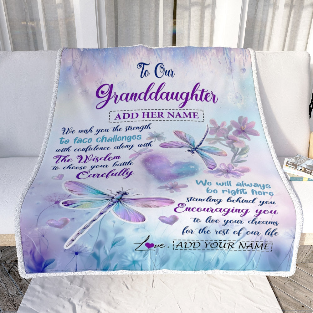 Personalized To Our Granddaughter Gifts Blanket From Grandma Grandpa Always Be Right Here Dragonfly Birthday Gifts For Granddaughter Christmas Fleece Blanket | teecentury