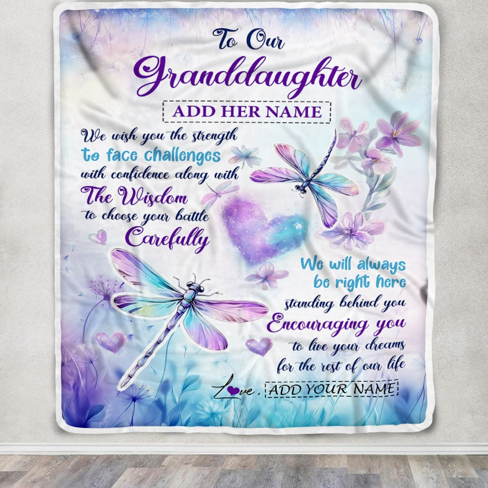Personalized To Our Granddaughter Gifts Blanket From Grandma Grandpa Always Be Right Here Dragonfly Birthday Gifts For Granddaughter Christmas Fleece Blanket | teecentury