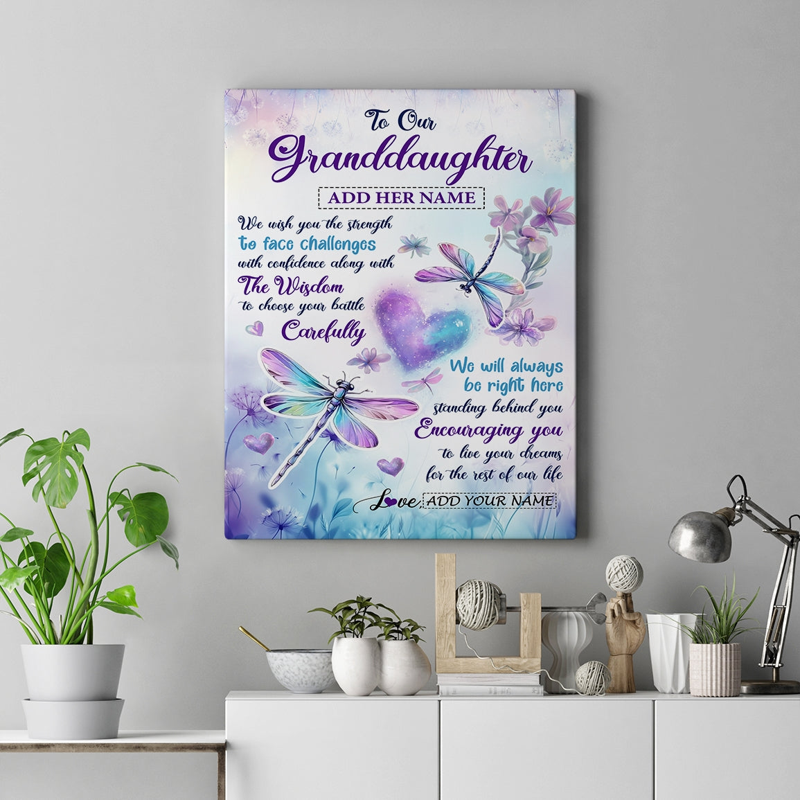 Personalized To Our Granddaughter Gifts From Grandma Grandpa Always Be Right Here Dragonfly Birthday Gifts For Granddaughter Christmas Custom Wall Art Framed Canvas | teecentury