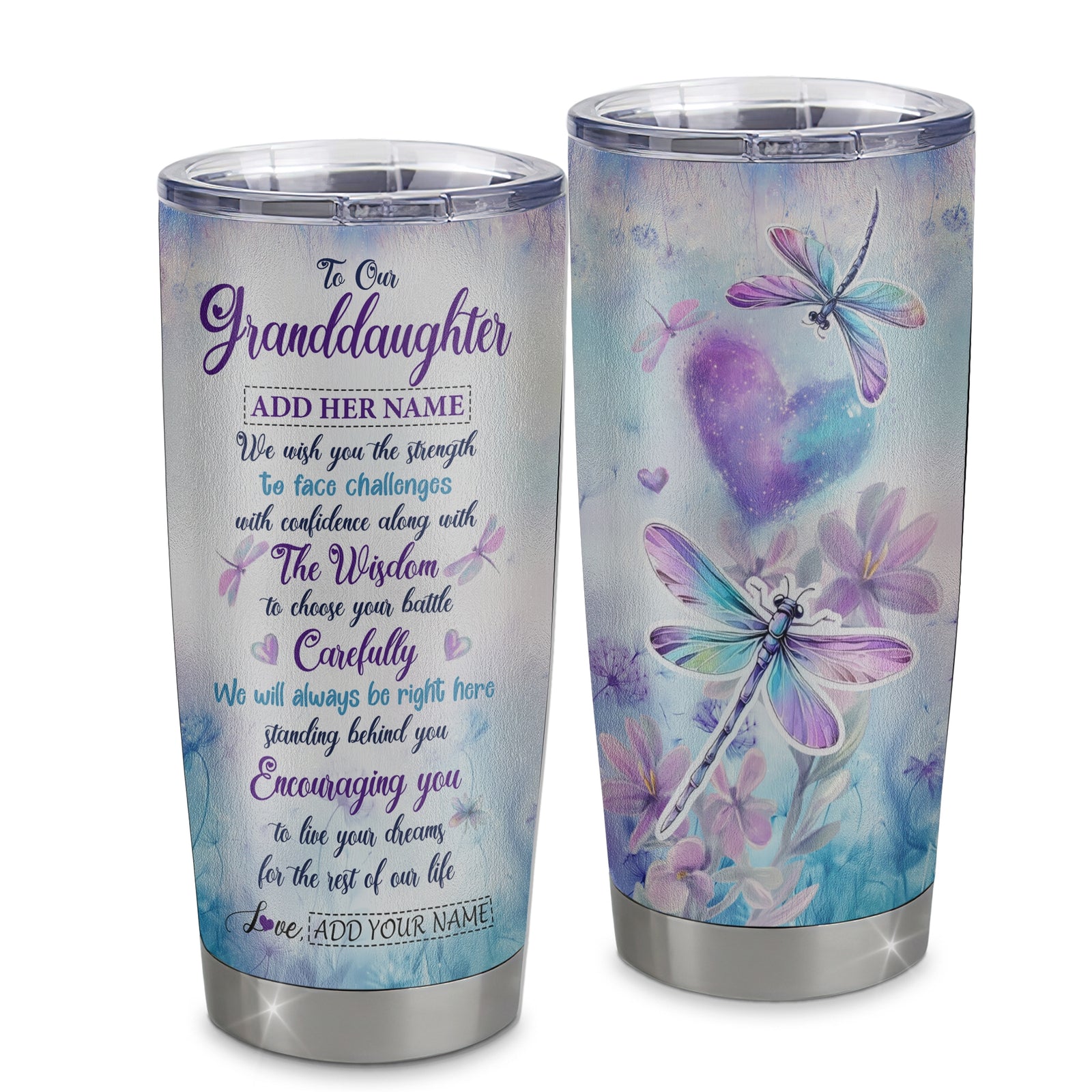 Personalized To Our Granddaughter Gifts Tumbler From Grandma Grandpa Always Be Right Here Dragonfly Birthday Gifts Granddaughter Christmas Stainless Steel Insulated Mug | teecentury