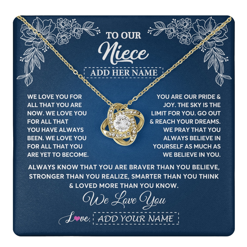 Love Knot Necklace 18K Yellow Gold Finish | 1 | Personalized To Our Niece Gifts From Aunt Uncle Necklace We Love You Jewelry Present Gift Niece Birthday Graduation Christmas Custom Gift Box Message Card | https://teecentury.