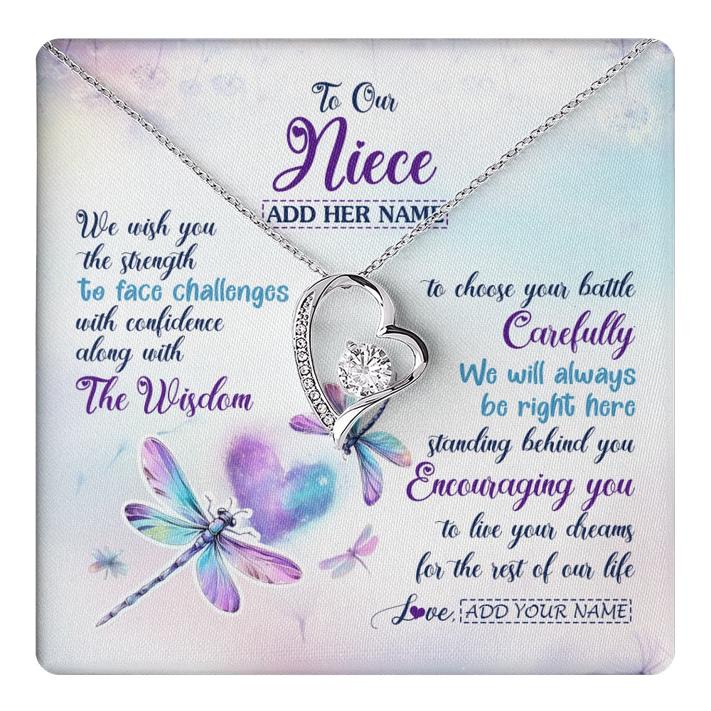 Forever Love Necklace 14K White Gold Finish | 1 | Personalized To Our Niece Gifts Necklace From Aunt Uncle Always Be Right Here Dragonfly Birthday For Niece Christmas Custom Jewelry Gift Box Message Card | https://teecentury.