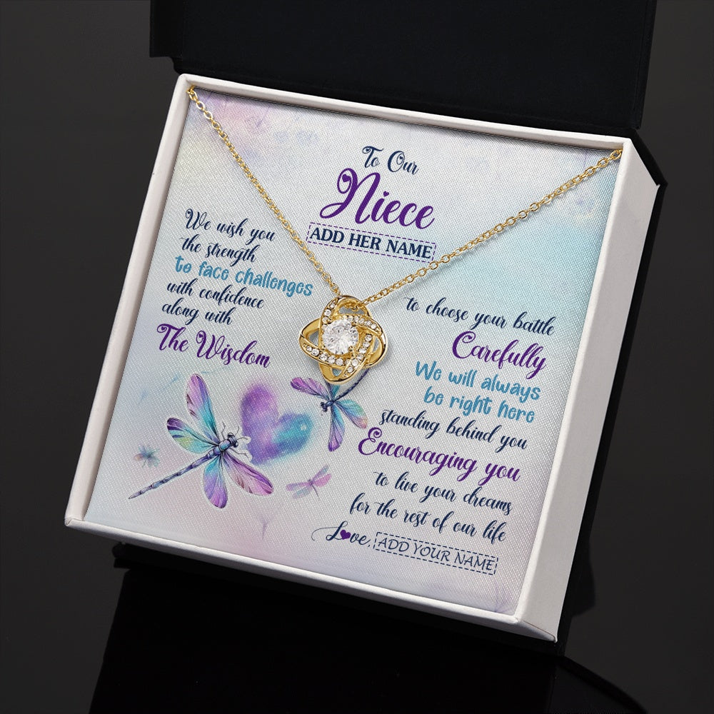Love Knot Necklace 18K Yellow Gold Finish | 2 | Personalized To Our Niece Gifts Necklace From Aunt Uncle Always Be Right Here Dragonfly Birthday For Niece Christmas Custom Jewelry Gift Box Message Card | https://teecentury.