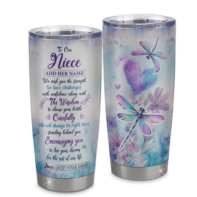 Personalized To Our Niece Gifts Tumbler From Aunt Uncle Always Be Right Here Dragonfly Birthday Gifts Niece Christmas Graduation Stainless Steel Insulated Custom Mug | teecentury