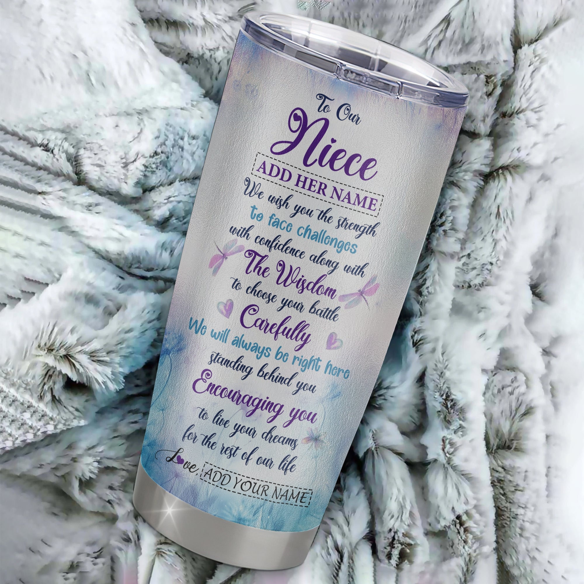 Personalized To Our Niece Gifts Tumbler From Aunt Uncle Always Be Right Here Dragonfly Birthday Gifts Niece Christmas Graduation Stainless Steel Insulated Custom Mug | teecentury