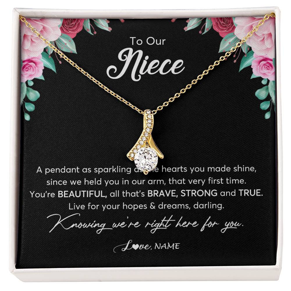 Alluring Beauty Necklace 18K Yellow Gold Finish | Personalized To Our Niece Necklace From Aunt Uncle You're Beautiful Niece Jewelry Pendant Birthday Graduation Christmas Customized Gift Box Message Card | teecentury
