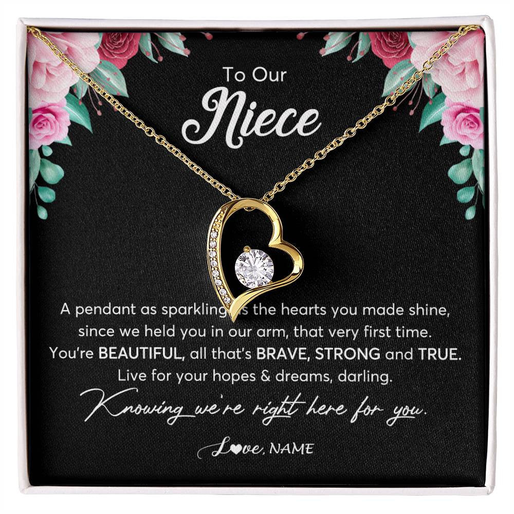 Forever Love Necklace 18K Yellow Gold Finish | Personalized To Our Niece Necklace From Aunt Uncle You're Beautiful Niece Jewelry Pendant Birthday Graduation Christmas Customized Gift Box Message Card | teecentury