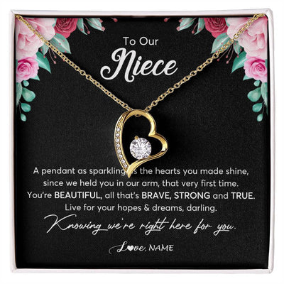 Forever Love Necklace 18K Yellow Gold Finish | Personalized To Our Niece Necklace From Aunt Uncle You're Beautiful Niece Jewelry Pendant Birthday Graduation Christmas Customized Gift Box Message Card | teecentury
