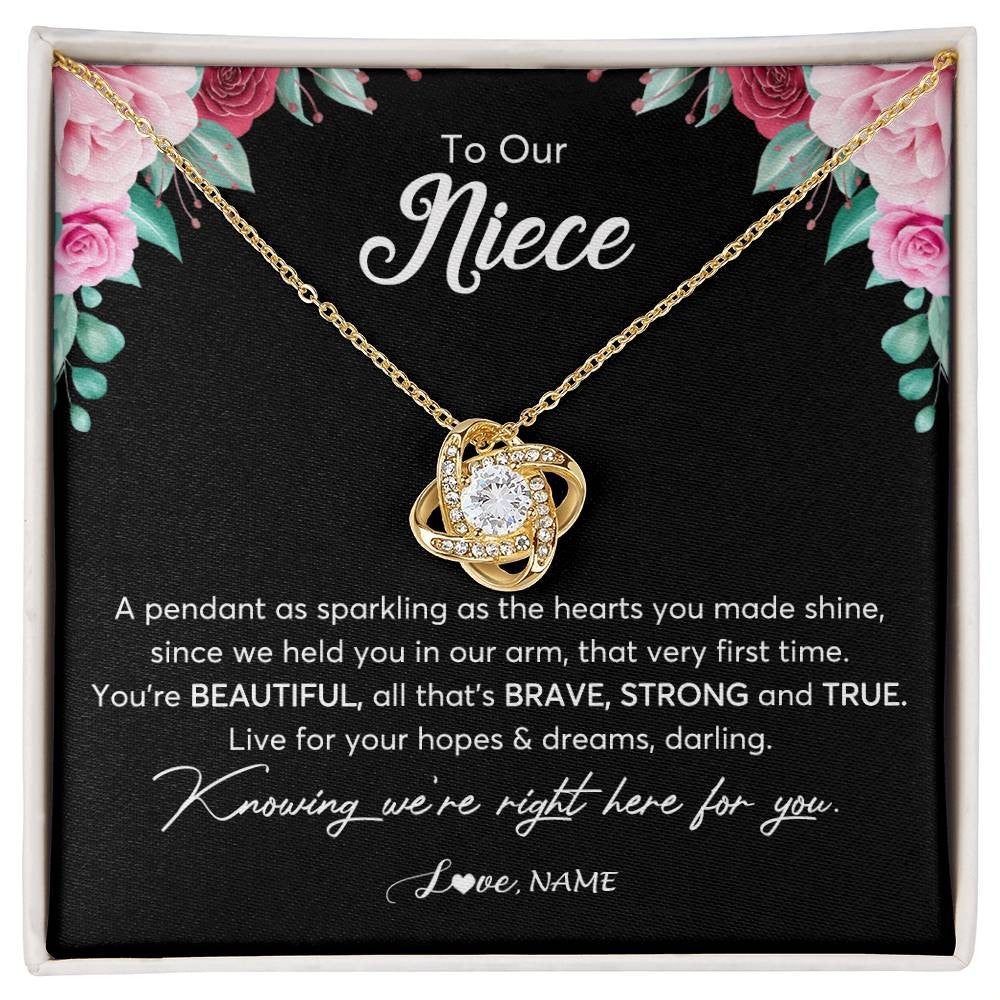 Love Knot Necklace 18K Yellow Gold Finish | Personalized To Our Niece Necklace From Aunt Uncle You're Beautiful Niece Jewelry Pendant Birthday Graduation Christmas Customized Gift Box Message Card | teecentury