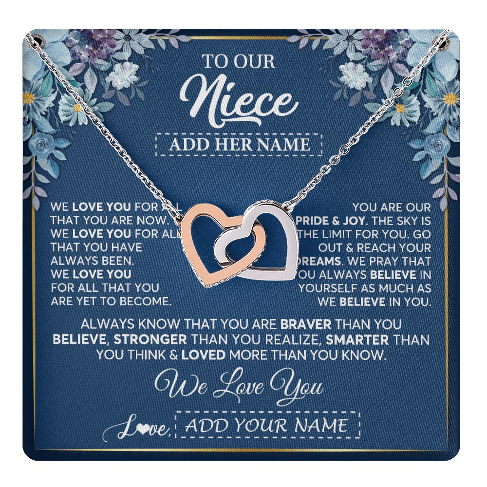 Interlocking Hearts Necklace Stainless Steel & Rose Gold Finish | 1 | Personalized To Our Niece Necklace Gift From Uncle Aunt We Love You Niece Birthday Gift Graduation Christmas Pendant Custom Gift Box Message Card | teecentury.myshopify