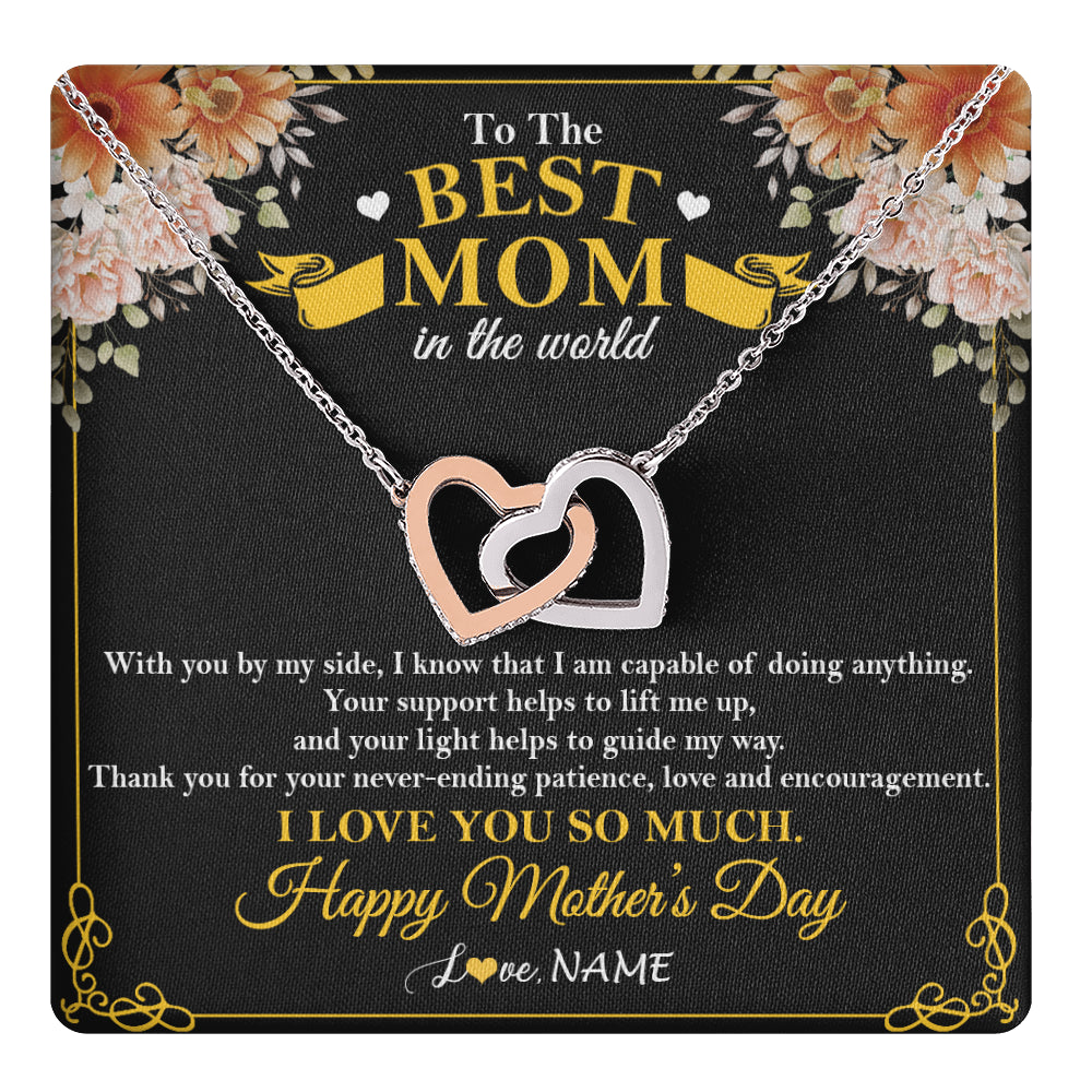 Interlocking Hearts Necklace Stainless Steel & Rose Gold Finish | 1 | Personalized To The Best Mom In The World Necklace From Daugter Son Thank You I Love You So Much Mother Mom Happy Mothers Day Customized Gift Box Message Card | teecentury