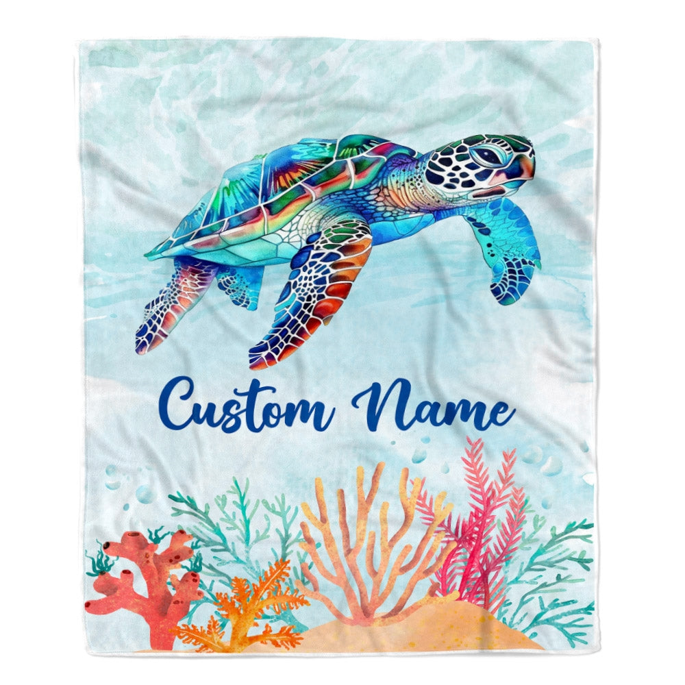 Personalized Turtle Blanket Custom Baby Name Boy Girl Sea Newborn Kids Son Daughter Granddaughter Niece Birthday Christmas Customized Bed Fleece Throw Blanket | teecentury