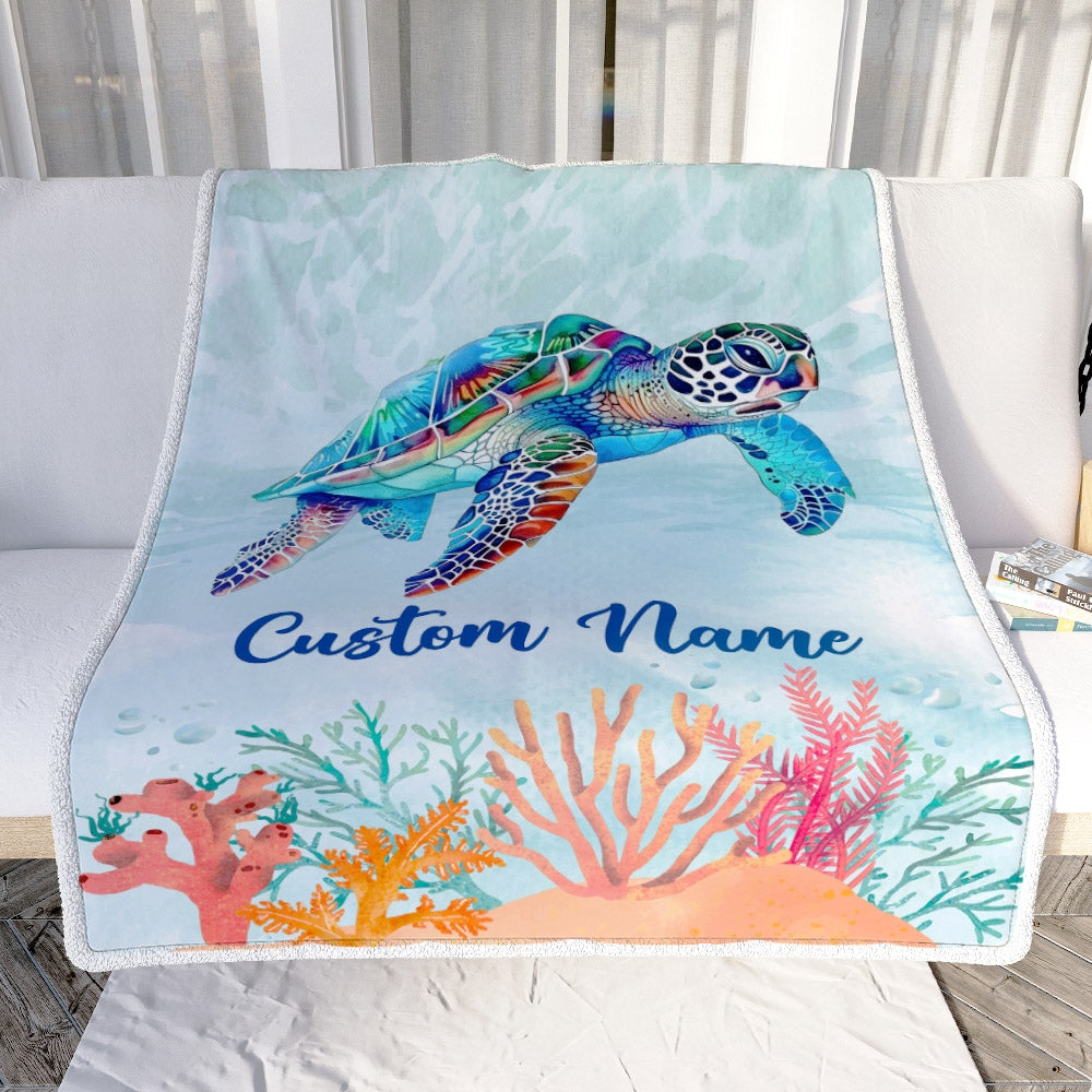 Personalized Turtle Blanket Custom Baby Name Boy Girl Sea Newborn Kids Son Daughter Granddaughter Niece Birthday Christmas Customized Bed Fleece Throw Blanket | teecentury