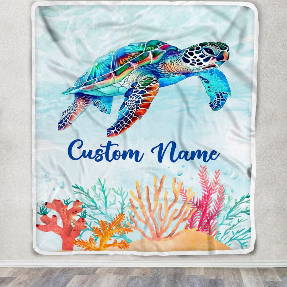 Personalized Turtle Blanket Custom Baby Name Boy Girl Sea Newborn Kids Son Daughter Granddaughter Niece Birthday Christmas Customized Bed Fleece Throw Blanket | teecentury