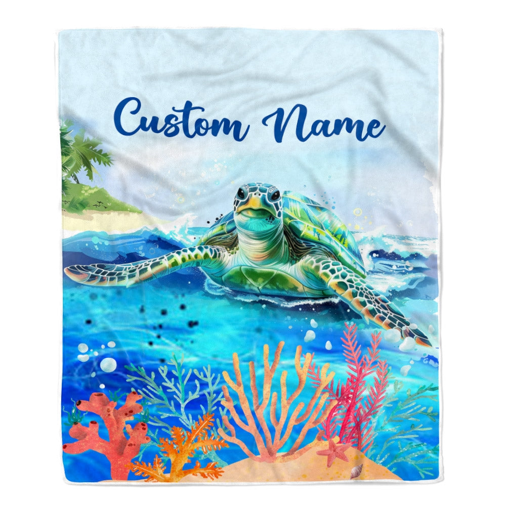 Personalized Turtle Custom Baby Name Blanket Boy Girl Sea Newborn Kids Son Daughter Granddaughter Niece Birthday Christmas Customized Bed Fleece Throw Blanket | teecentury