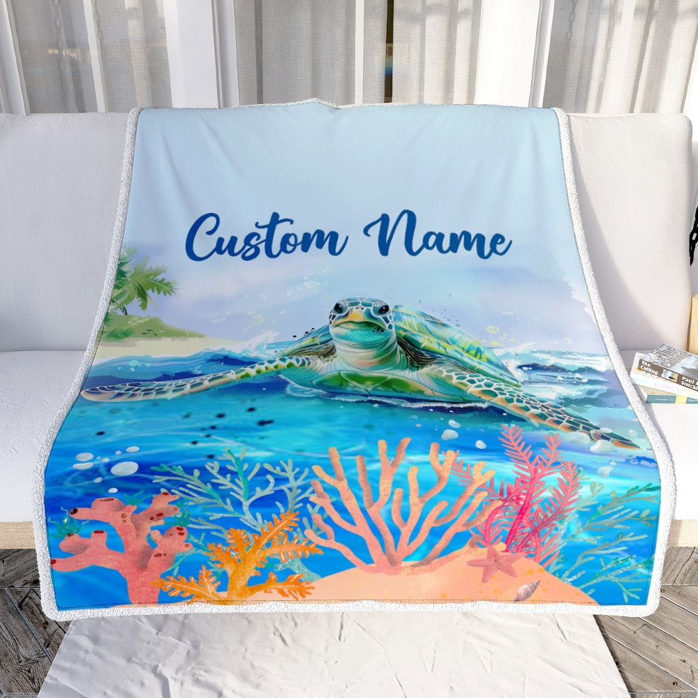 Personalized Turtle Custom Baby Name Blanket Boy Girl Sea Newborn Kids Son Daughter Granddaughter Niece Birthday Christmas Customized Bed Fleece Throw Blanket | teecentury