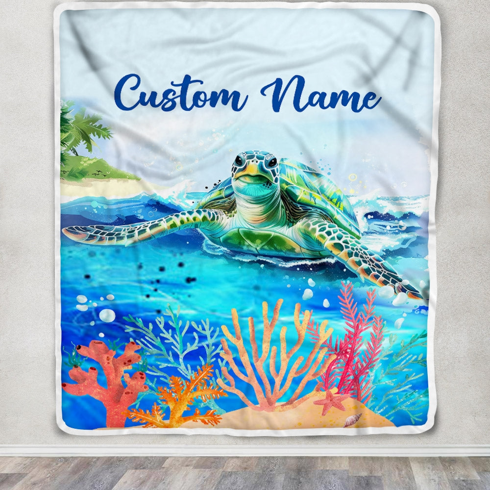 Personalized Turtle Custom Baby Name Blanket Boy Girl Sea Newborn Kids Son Daughter Granddaughter Niece Birthday Christmas Customized Bed Fleece Throw Blanket | teecentury