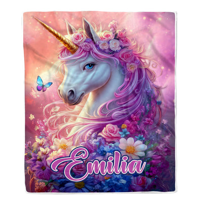 Personalized Unicorn Blanket For Girls Magical Purple Floral Unicorn With Custom Name Kids Daughter Gift Bedding For Little Princesses Fleece Throw Blanket Shirt & Hoodie | teecentury