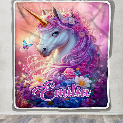 Personalized Unicorn Blanket For Girls Magical Purple Floral Unicorn With Custom Name Kids Daughter Gift Bedding For Little Princesses Fleece Throw Blanket Shirt & Hoodie | teecentury