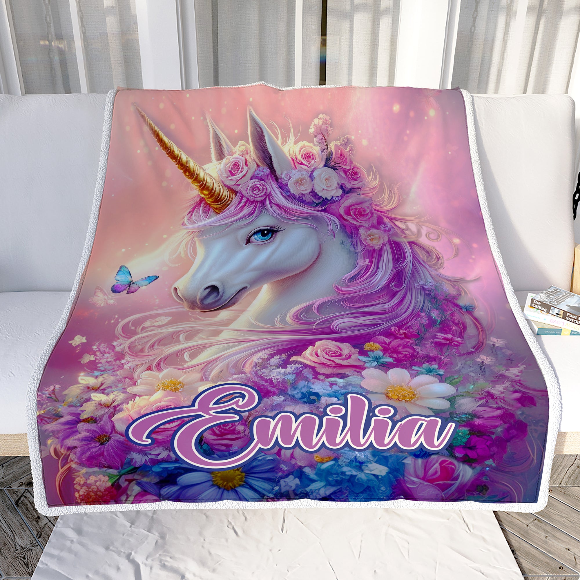 Personalized Unicorn Blanket For Girls Magical Purple Floral Unicorn With Custom Name Kids Daughter Gift Bedding For Little Princesses Fleece Throw Blanket Shirt & Hoodie | teecentury