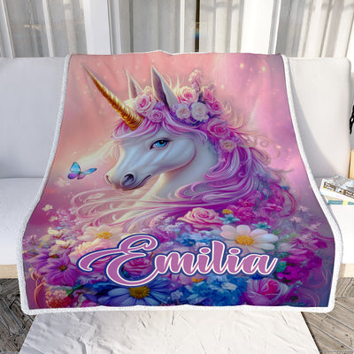 Personalized Unicorn Blanket For Girls Magical Purple Floral Unicorn With Custom Name Kids Daughter Gift Bedding For Little Princesses Fleece Throw Blanket Shirt & Hoodie | teecentury