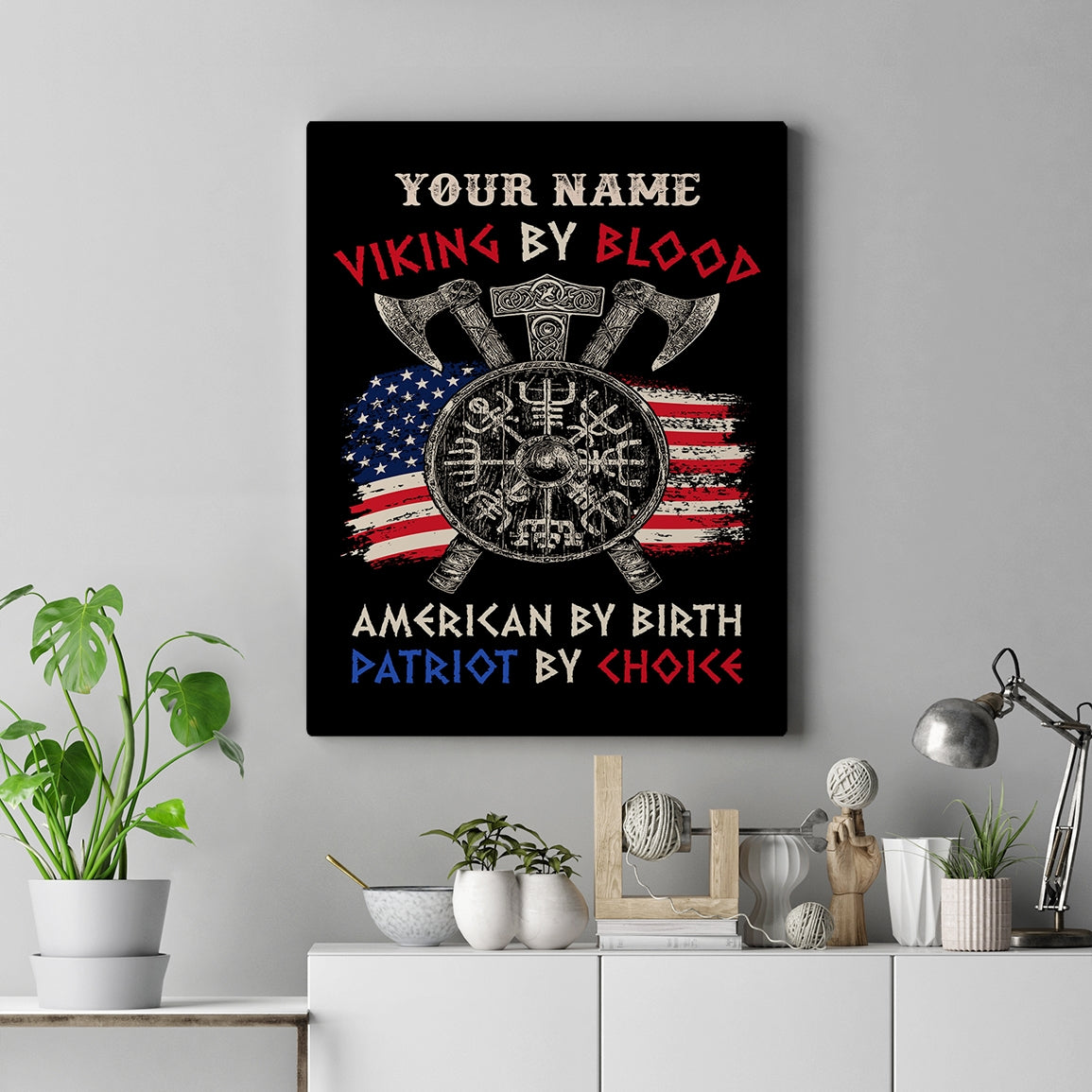 Personalized Viking Canvas Viking By Blood American By Birth Odin God Scandinavian Norse Mythology Runes Men Women Dad Birthday Custom Wall Art Print Framed Canvas | teecentury