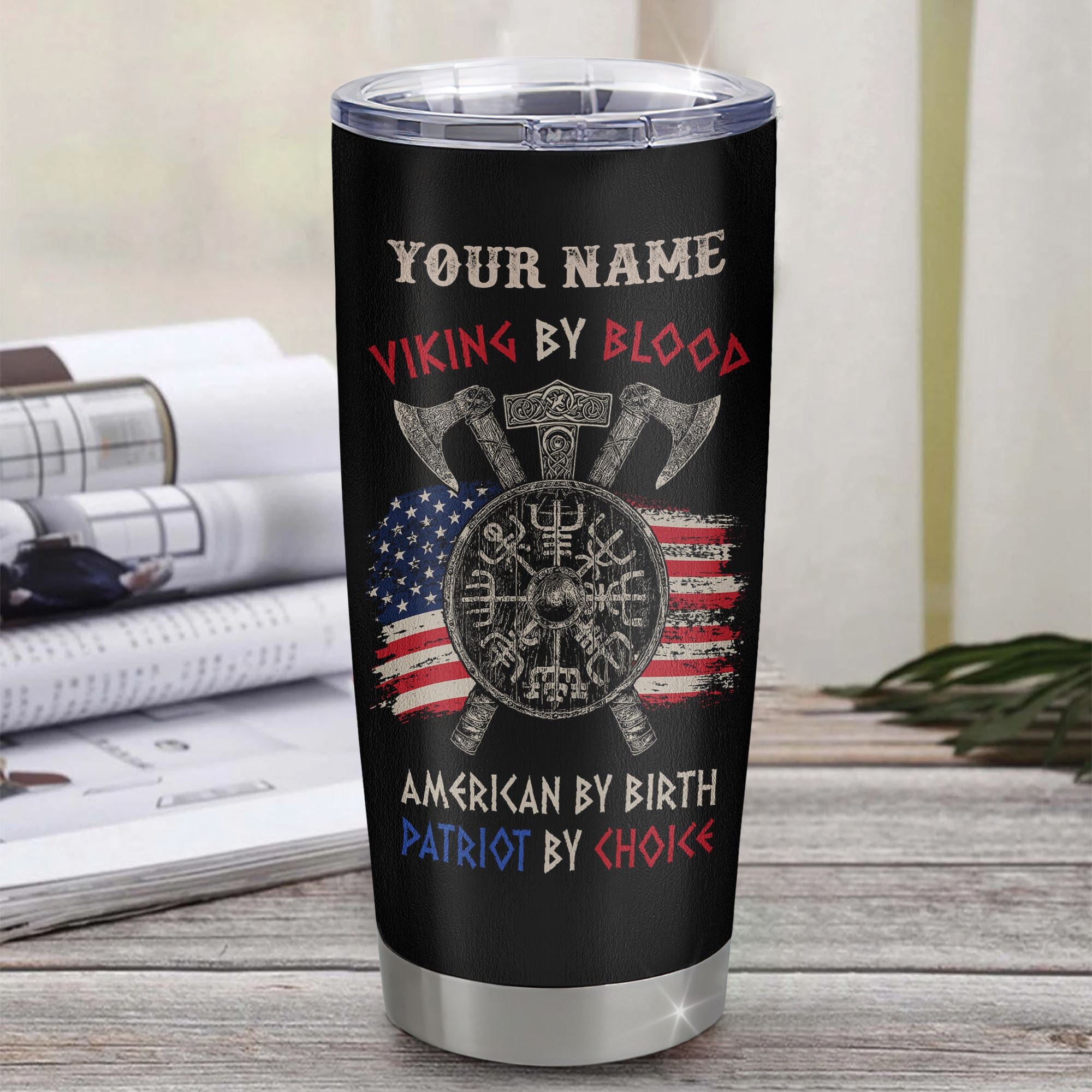 Personalized Viking Tumbler Stainless Steel Cup Viking By Blood American By Birth Odin God Scandinavian Norse Mythology Runes Men Women Dad Birthday Custom Travel Mug | teecentury