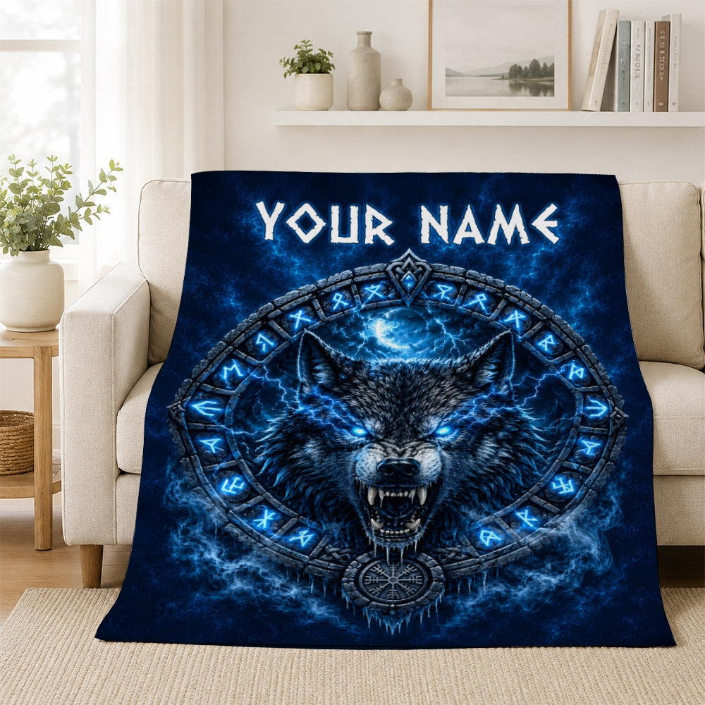 Personalized Viking Wolf Blanket With Norse Mythology Runes Scandinavian For Dad Viking Men Women Outdoor Travel Customized Birthday Christmas Fleece Blanket | teecentury
