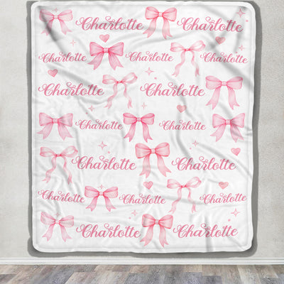 Personalized Watercolor Pink Coquette Bow Blanket Custom Baby Girl Name Family Gift For Daughter Granddaughter Newborn Kids Birthday Gifts Fleece Throw Blanket Shirt & Hoodie | teecentury