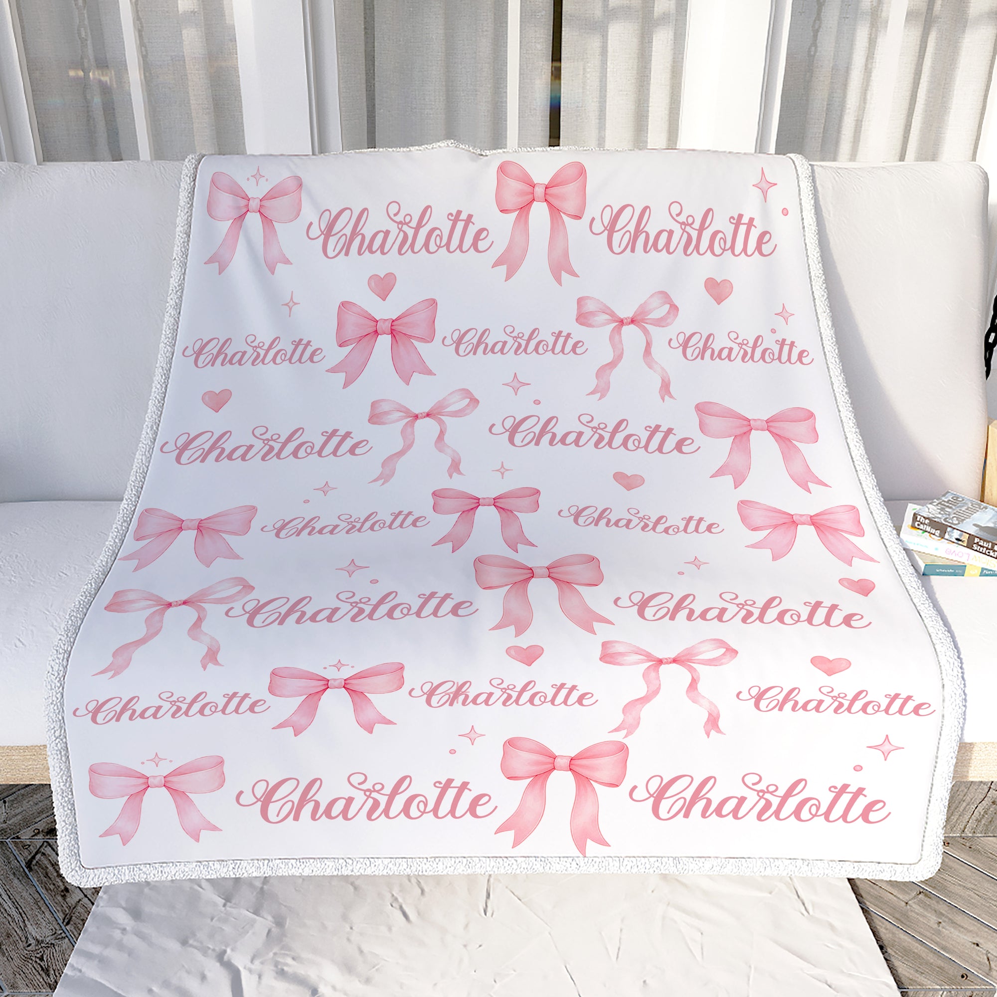 Personalized Watercolor Pink Coquette Bow Blanket Custom Baby Girl Name Family Gift For Daughter Granddaughter Newborn Kids Birthday Gifts Fleece Throw Blanket Shirt & Hoodie | teecentury