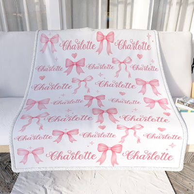 Personalized Watercolor Pink Coquette Bow Blanket Custom Baby Girl Name Family Gift For Daughter Granddaughter Newborn Kids Birthday Gifts Fleece Throw Blanket Shirt & Hoodie | teecentury