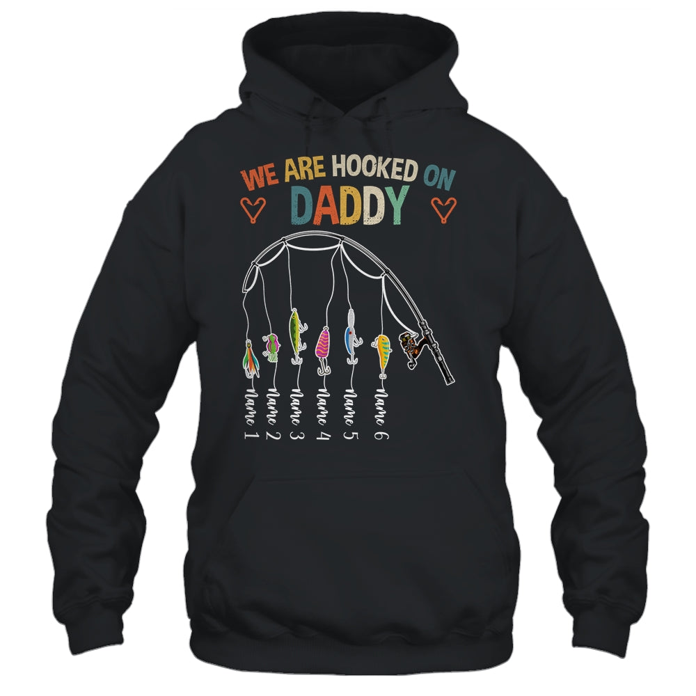 Personalized We Are Hooked On Daddy Fishing Custom Kids Name Fathers Day for Men Birthday Christmas Gift T-shirts Long Sleeve T-shirts Black/S