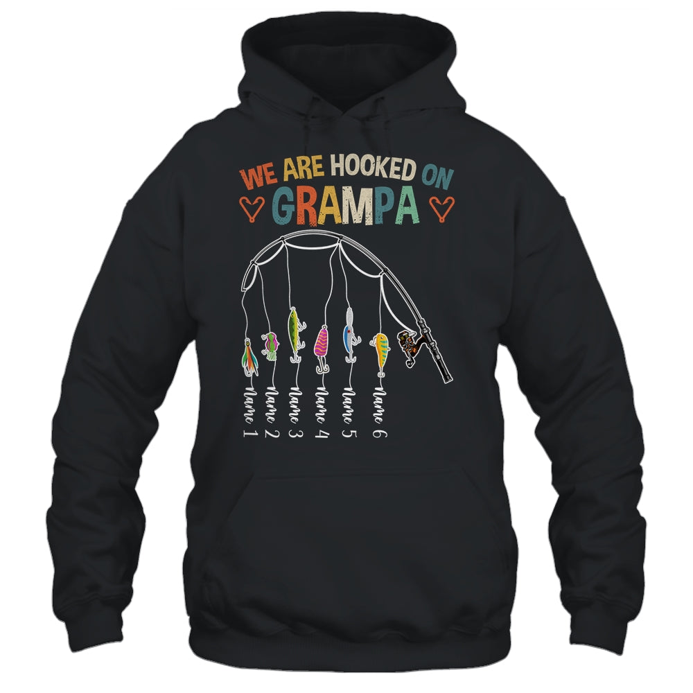 Personalized We Are Hooked On Grampa Fishing Custom Grandkids Name Fathers Day For Men Birthday Christmas Shirt & Hoodie | teecentury