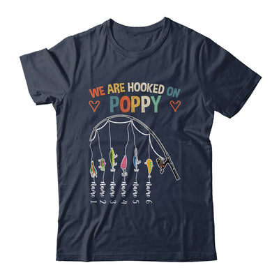 Personalized We Are Hooked On Poppy Fishing Custom Grandkids Name Fathers Day For Men Birthday Christmas Shirt & Hoodie | teecentury