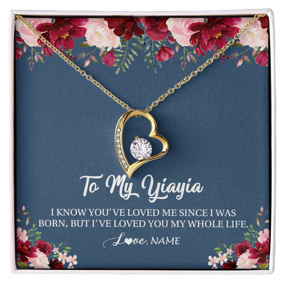 Forever Love Necklace 18K Yellow Gold Finish | Personalized Yiayia Necklace From Grandkids Granddaughter Grandson I've Loved You My Whole Life Floral Yiayia Birthday Mothers Day Christmas Customized Message Card | teecentury