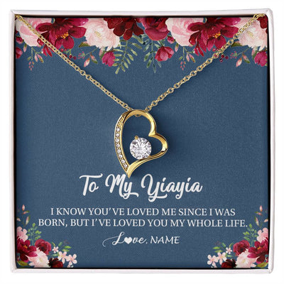 Forever Love Necklace 18K Yellow Gold Finish | Personalized Yiayia Necklace From Grandkids Granddaughter Grandson I've Loved You My Whole Life Floral Yiayia Birthday Mothers Day Christmas Customized Message Card | teecentury