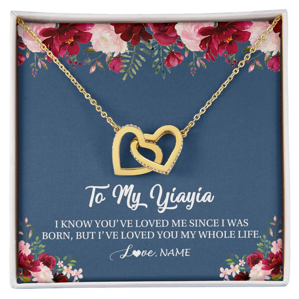 Interlocking Hearts Necklace 18K Yellow Gold Finish | Personalized Yiayia Necklace From Grandkids Granddaughter Grandson I've Loved You My Whole Life Floral Yiayia Birthday Mothers Day Christmas Customized Message Card | teecentury