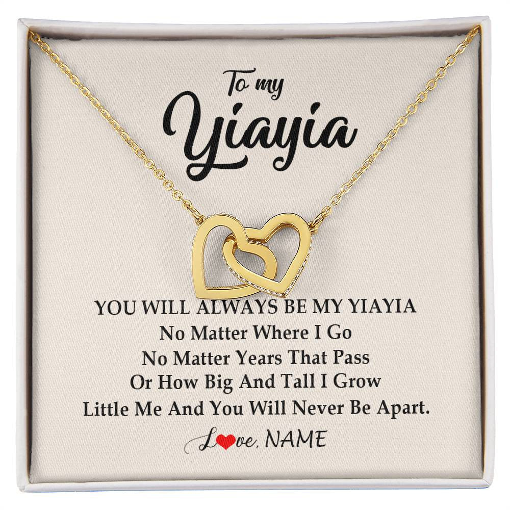 Interlocking Hearts Necklace 18K Yellow Gold Finish | Personalized Yiayia Necklace From Grandkids Granddaughter Grandson You Will Always Be My Yiayia Birthday Mothers Day Christmas Customized Gift Box Message Card | teecentury
