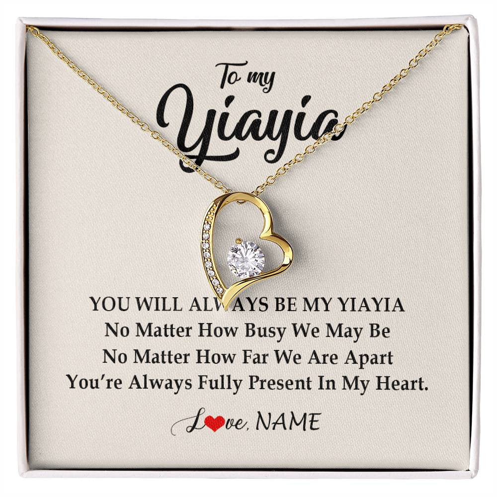Forever Love Necklace 18K Yellow Gold Finish | Personalized Yiayia Necklace From Grandkids Granddaughter Grandson You're Always In My Heart Yiayia Birthday Mothers Day Customized Gift Box Message Card | teecentury