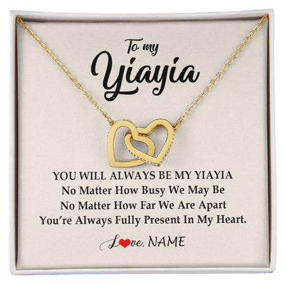 Interlocking Hearts Necklace 18K Yellow Gold Finish | Personalized Yiayia Necklace From Grandkids Granddaughter Grandson You're Always In My Heart Yiayia Birthday Mothers Day Customized Gift Box Message Card | teecentury