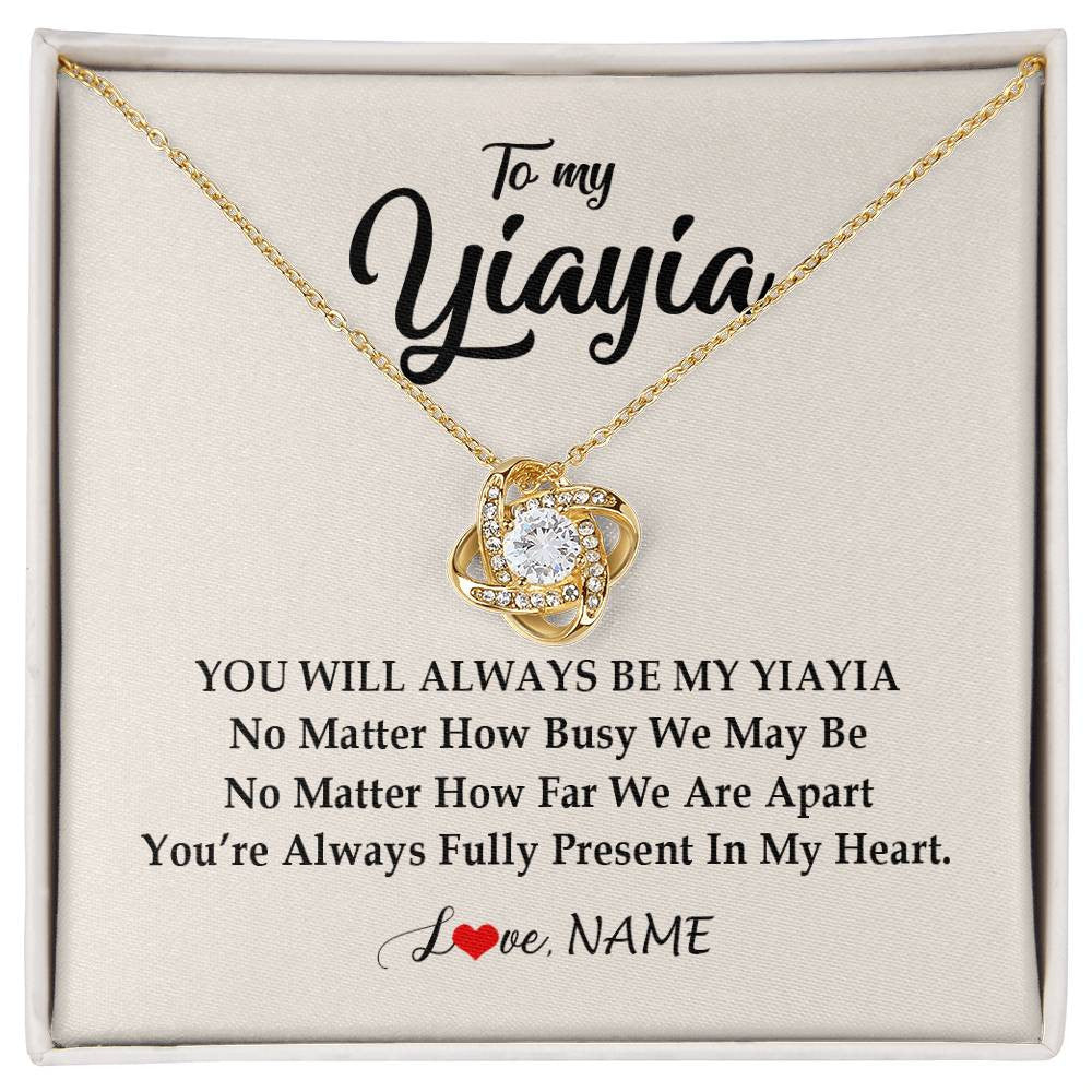Love Knot Necklace 18K Yellow Gold Finish | Personalized Yiayia Necklace From Grandkids Granddaughter Grandson You're Always In My Heart Yiayia Birthday Mothers Day Customized Gift Box Message Card | teecentury