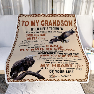 Personalized to My Grandson From Grandma Nana Mimi When Life's Troubles Try to Scare You Along The Way Eagle Grandson Birthday Christmas Fleece Blanket Blanket | Teecentury.com