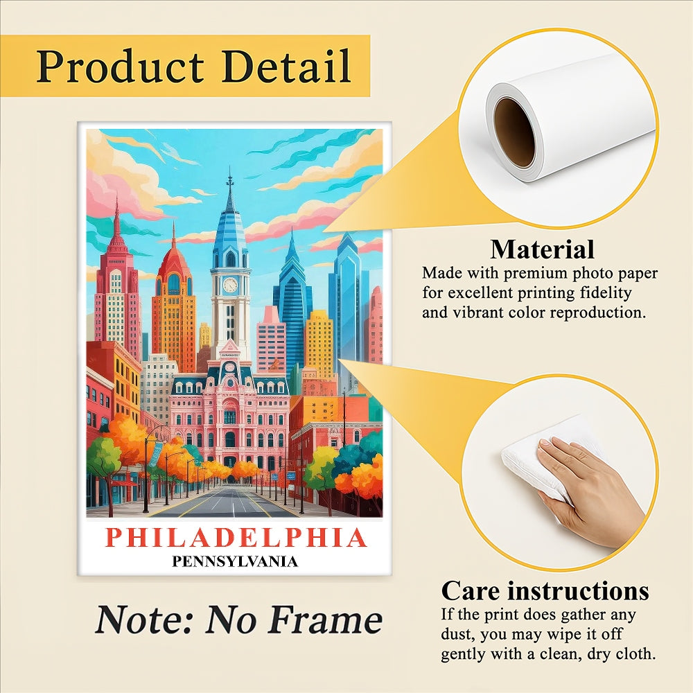 Philadelphia Travel Print Poster Retro Pennsylvania Souvenir Wall Art Landscape Painting Picture Suitable For Home Room Living Room Bedroom Aesthetic Decor Unframed | teecentury