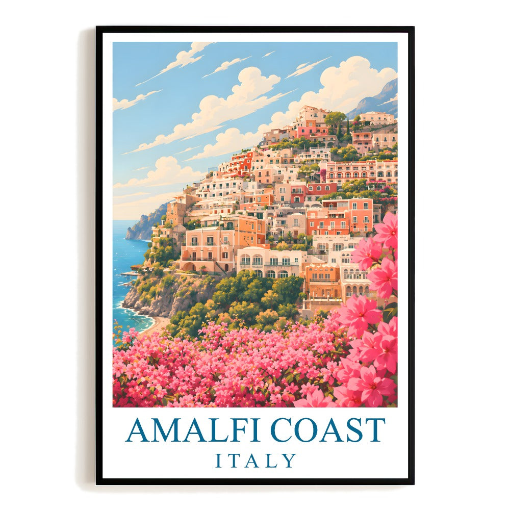 Pink Amalfi Coast Italy Travel Poster Pink Floral Coastal Town Landscape Painting Wall Art Decor For Home Living Room Office Bedroom Vacation Souvenir Print Unframed | teecentury